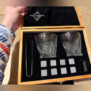 Cool Stones & Whiskey Glasses With Wooden Box with Center Logo - Brown Finish